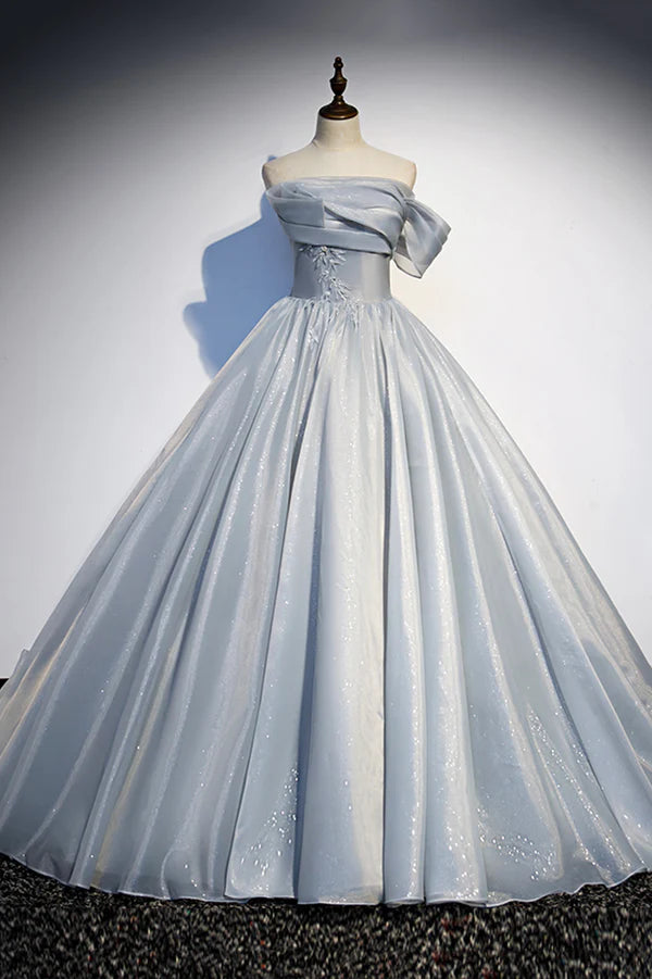 Gray Tulle Long A-Line Prom Dress Gray Strapless Formal Evening Gown