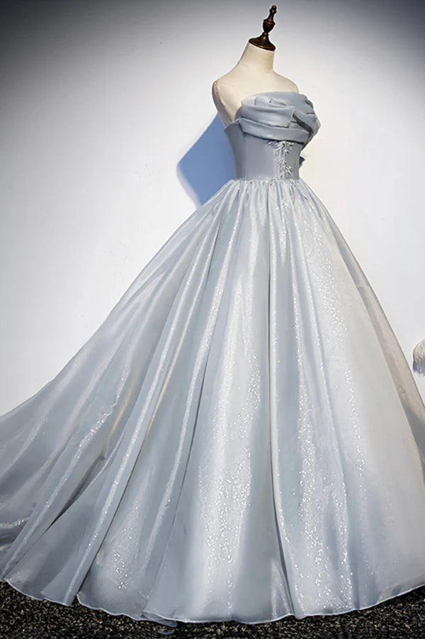Gray Tulle Long A-Line Prom Dress Gray Strapless Formal Evening Gown