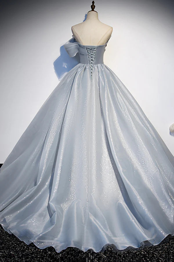 Gray Tulle Long A-Line Prom Dress Gray Strapless Formal Evening Gown