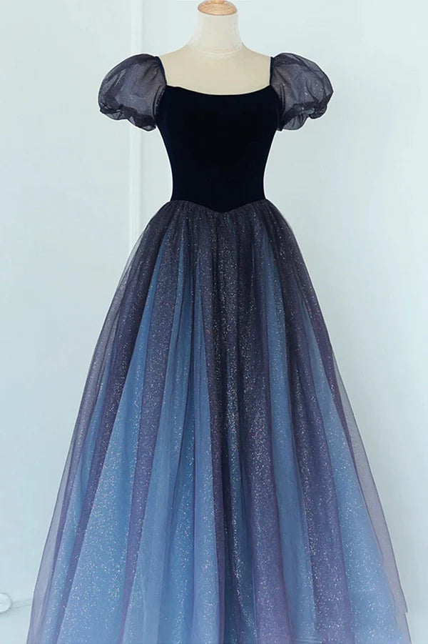 A-Line Velvet Tulle Long Prom Dress Cute Short Sleeve Evening Party Dress