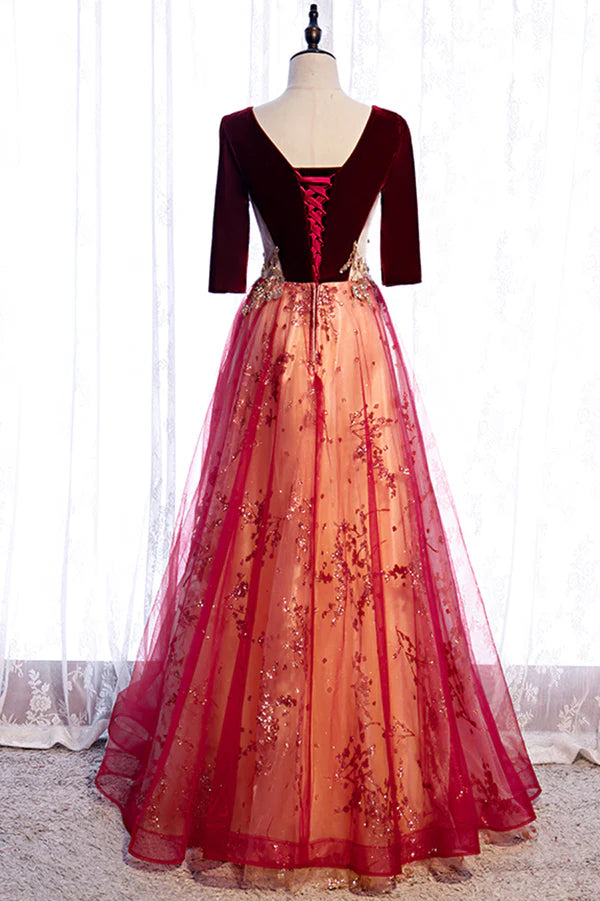 Burgundy V-Neck Velvet Tulle Long Prom Dress A-Line 1/2 Sleeve Evening Dress