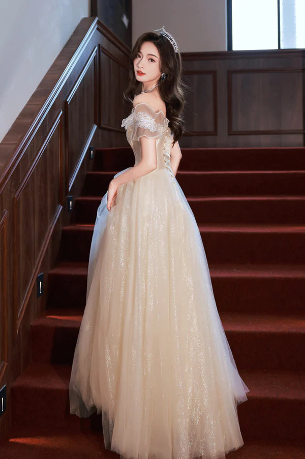 Champagne Off the Shoulder Lace Long Prom Dress A-Line Evening Party Dress