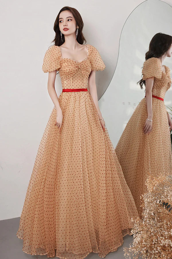Lovely Tulle Polka Dot Long Prom Dress A-Line Short Sleeve Evening Dress