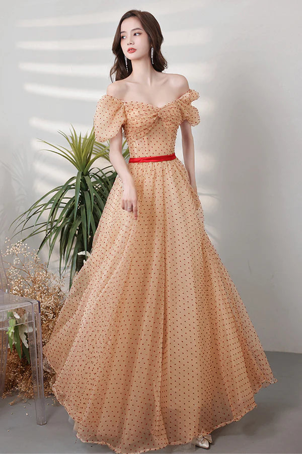 Lovely Tulle Polka Dot Long Prom Dress A-Line Short Sleeve Evening Dress