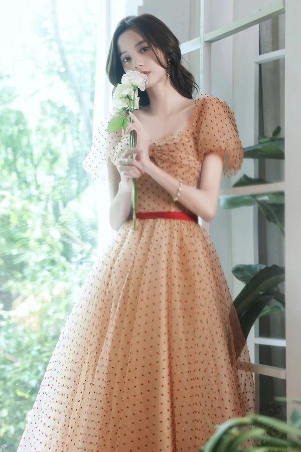 Lovely Tulle Polka Dot Long Prom Dress A-Line Short Sleeve Evening Dress