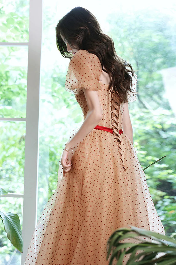 Lovely Tulle Polka Dot Long Prom Dress A-Line Short Sleeve Evening Dress