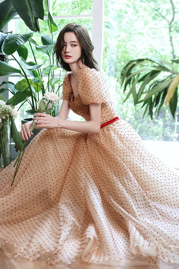 Lovely Tulle Polka Dot Long Prom Dress A-Line Short Sleeve Evening Dress