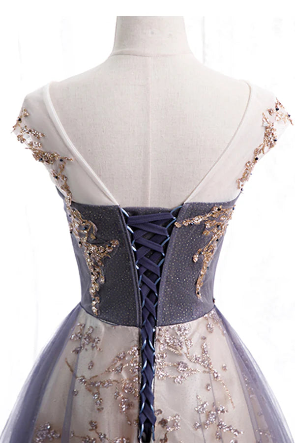 A-Line Tulle Long Prom Dress with Sequins Cute Scoop Neckline Evening Dress