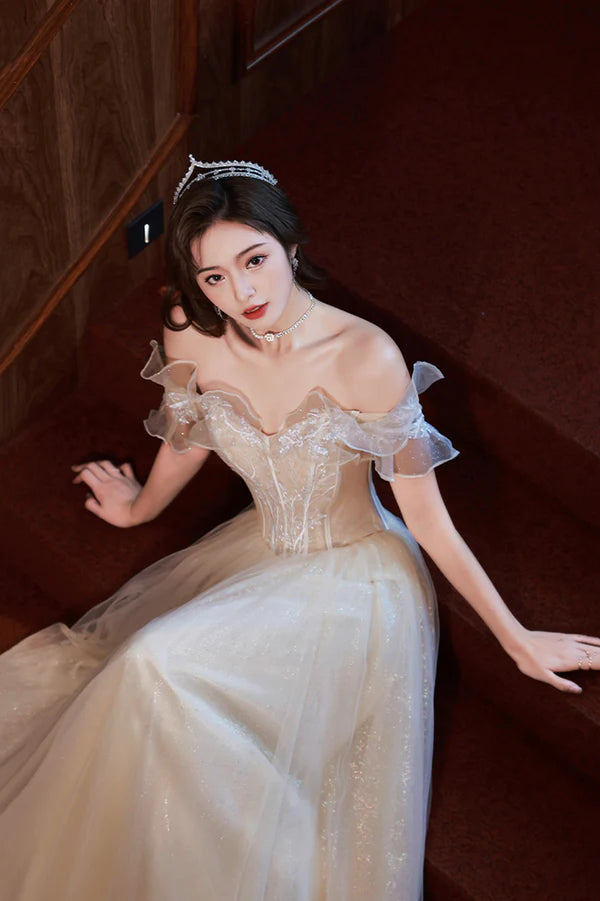 Champagne Off the Shoulder Lace Long Prom Dress A-Line Evening Party Dress