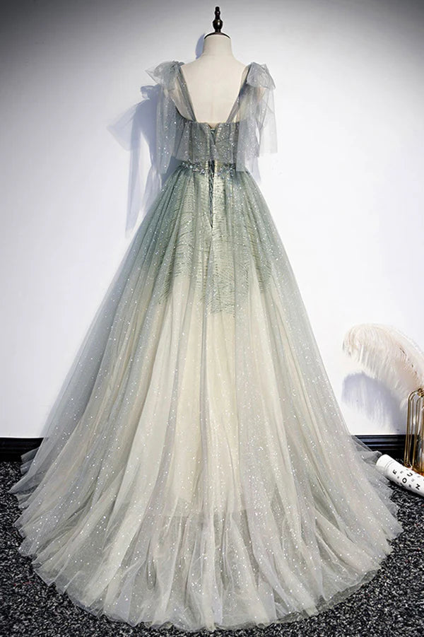 Green Shiny Tulle Long Formal Evening Dress A-Line Graduation Dress