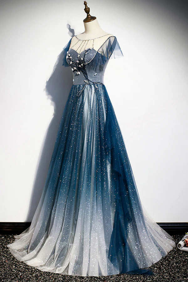 Blue Tulle Beading Long A-Line Prom Dress Scoop Neckline Evening Dress