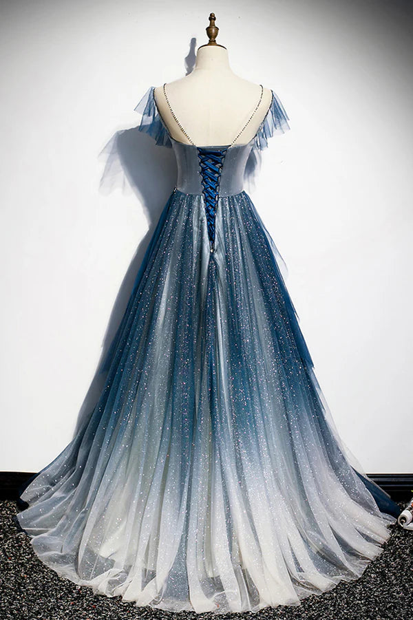 Blue Tulle Beading Long A-Line Prom Dress Scoop Neckline Evening Dress