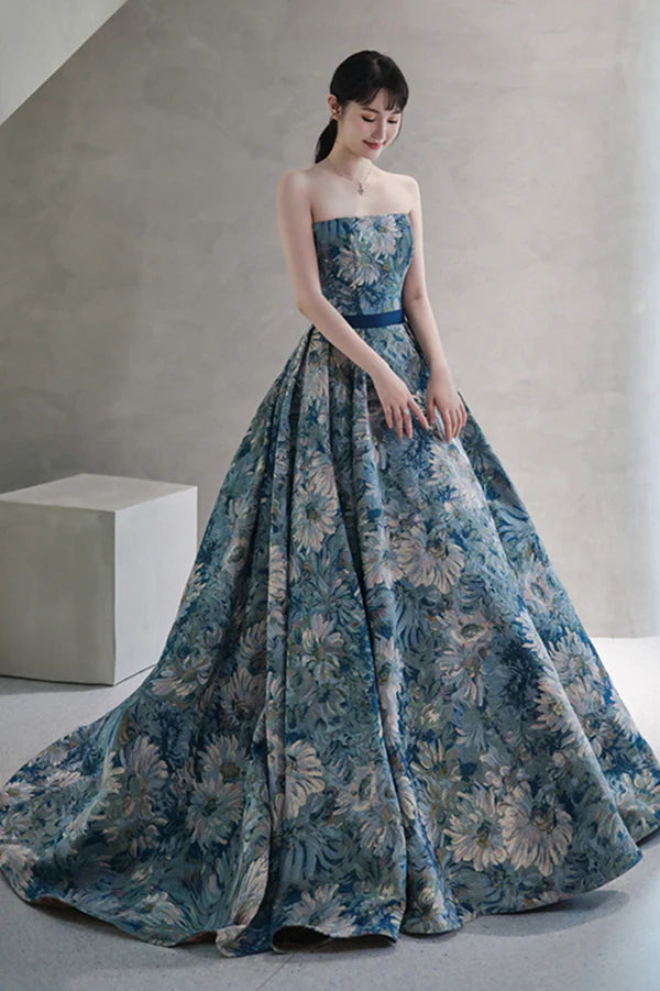 Blue Printed Strapless Ball Gown A-Line Off the Shoulder Formal Dress