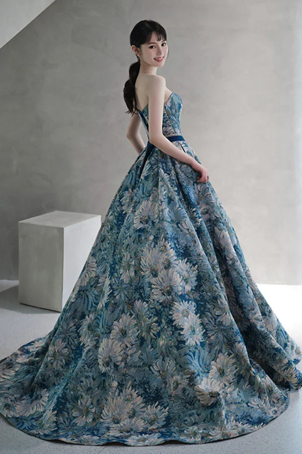 Blue Printed Strapless Ball Gown A-Line Off the Shoulder Formal Dress