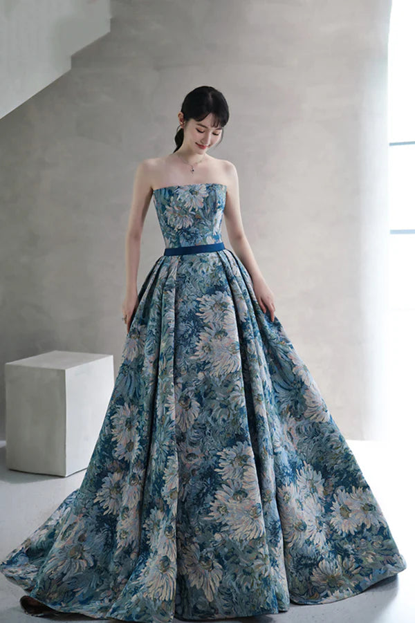 Blue Printed Strapless Ball Gown A-Line Off the Shoulder Formal Dress