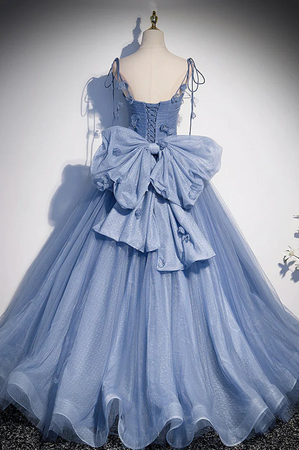 Blue Tulle Long A-Line Prom Dress Blue Spaghetti Straps Party Dress with Bow
