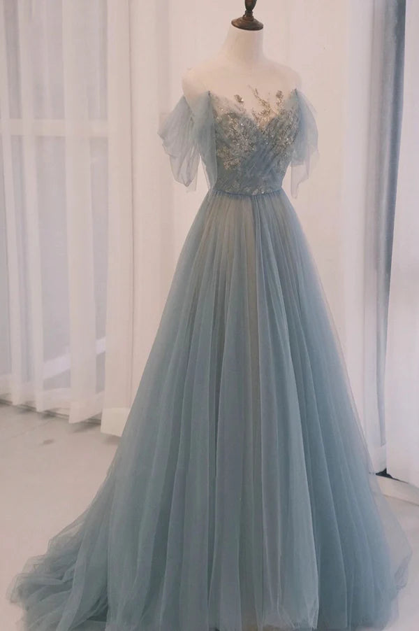 Blue Tulle Sequins Long Prom Dress A-Line Scoop Neckline Party Dress