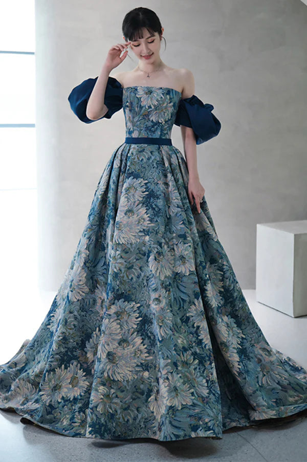 Blue Printed Strapless Ball Gown A-Line Off the Shoulder Formal Dress