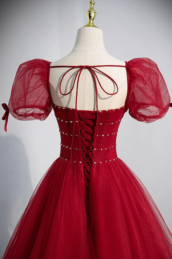 Red Tulle Floor Length Evening Party Dress Red Short Sleeve Graduation Dress