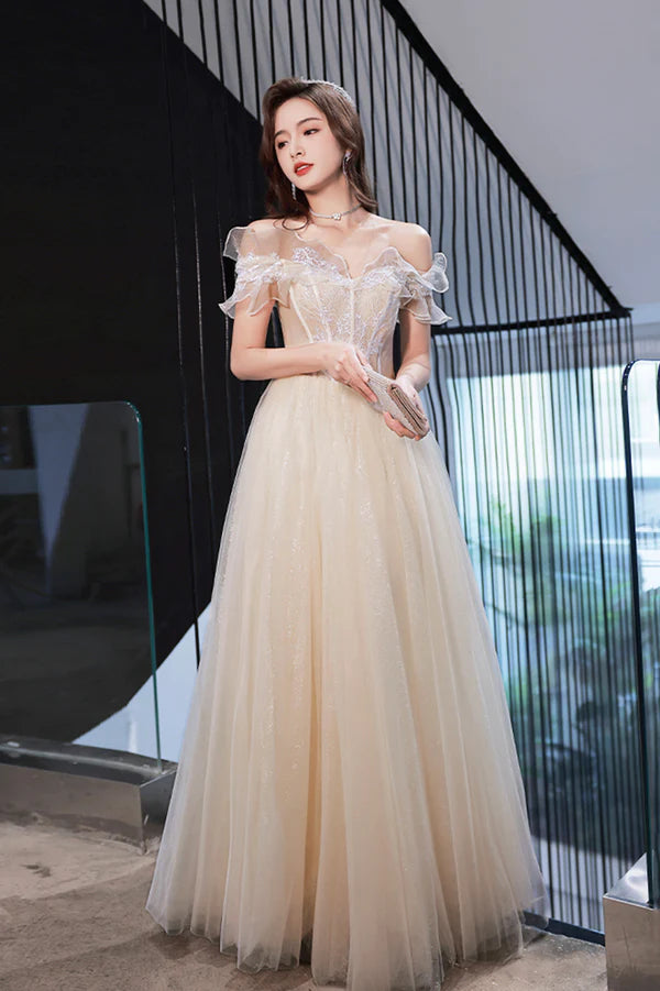 Champagne Off the Shoulder Lace Long Prom Dress A-Line Evening Party Dress