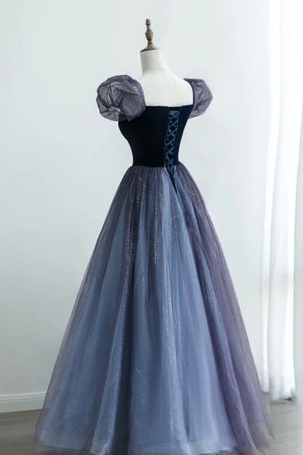 A-Line Velvet Tulle Long Prom Dress Cute Short Sleeve Evening Party Dress