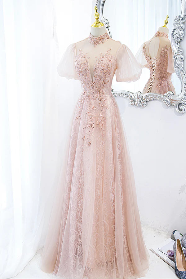 Pink Tulle Long A-Line Prom Dress Pink Short Sleeve Evening Party Dress