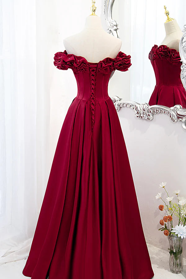Burgundy Satin Off the Shoulder Beaded Long Formal Dress Burgundy A-Line Prom Dress