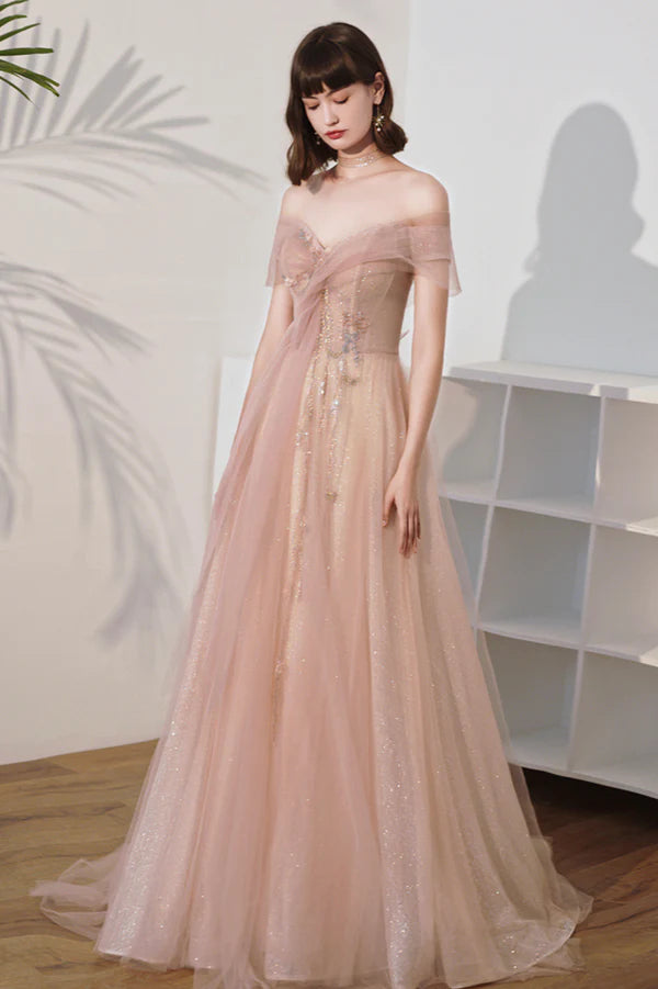 Pink Off the Shoulder Tulle Long Prom Dress Cute A-Line Evening Dress