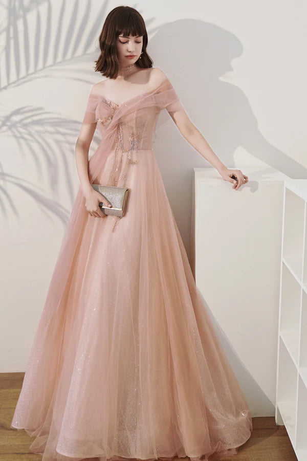 Pink Off the Shoulder Tulle Long Prom Dress Cute A-Line Evening Dress