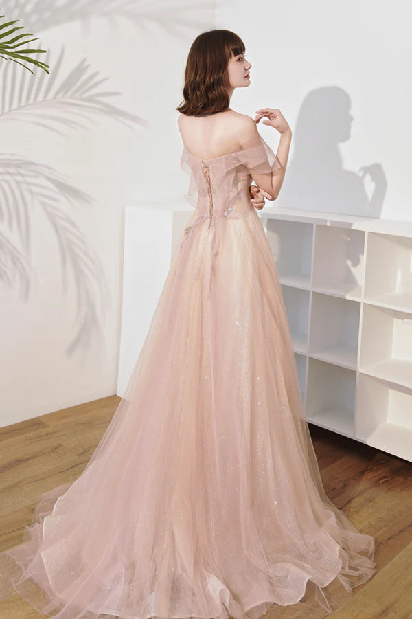Pink Off the Shoulder Tulle Long Prom Dress Cute A-Line Evening Dress
