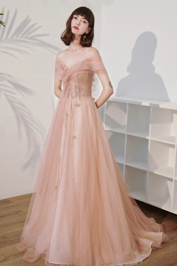 Pink Off the Shoulder Tulle Long Prom Dress Cute A-Line Evening Dress