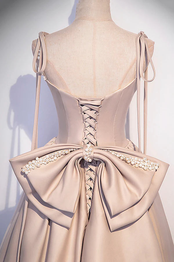 Pink Satin Long A-Line Prom Dress Cute Spaghetti Strap Evening Dress with Bow