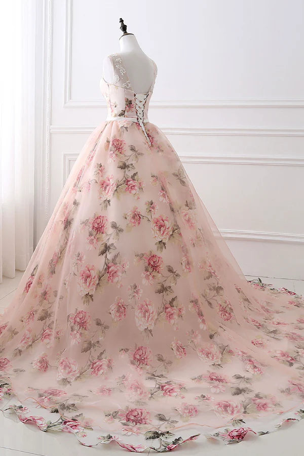 Cute Floral Long Prom Dress with Lace A-Line Scoop Neckline Party Dress