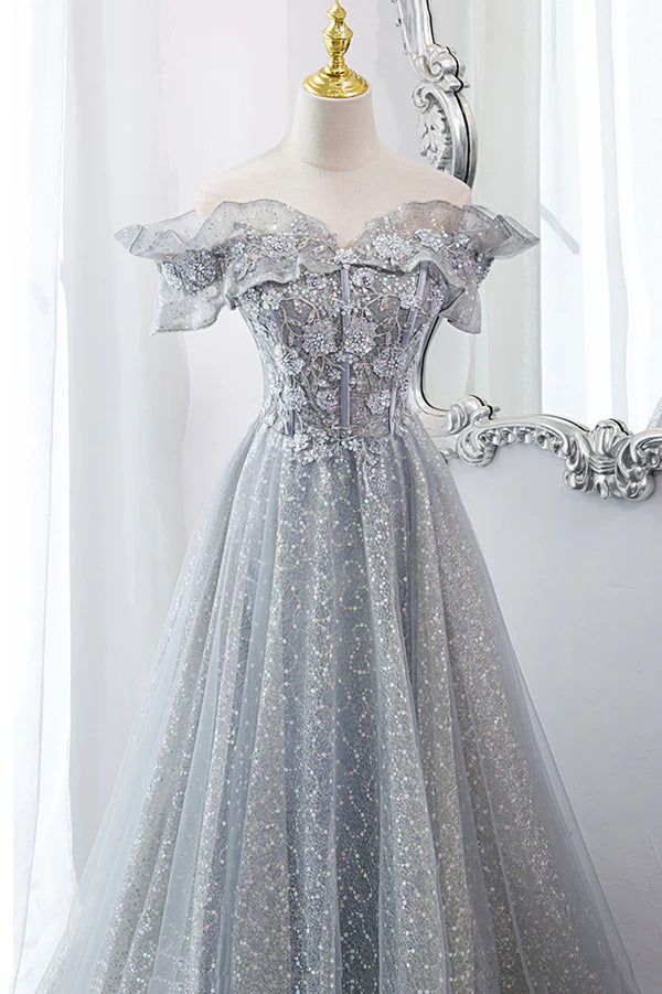 Gray Tulle Sequins Long A-Line Prom Dress Beautiful Off the Shoulder Graduation Dress