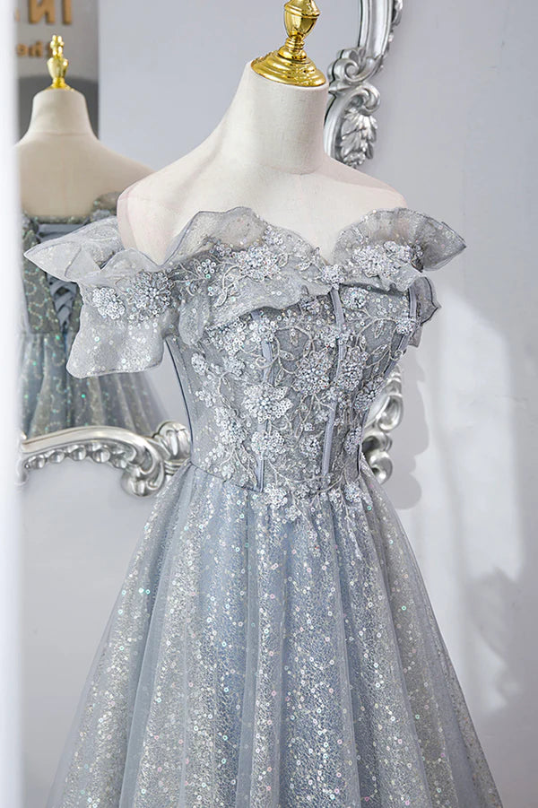 Gray Tulle Sequins Long A-Line Prom Dress Beautiful Off the Shoulder Graduation Dress