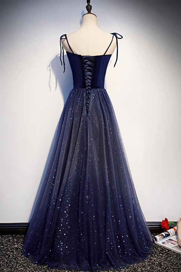 Blue Tulle Long A-Line Prom Dress Blue Spaghetti Strap Evening Party Dress
