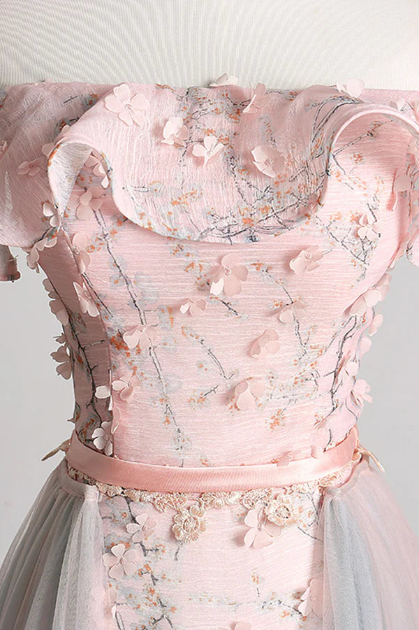 Pink Tulle Long A-Line Prom Dress with Train Off the Shoulder Formal Evening Dress