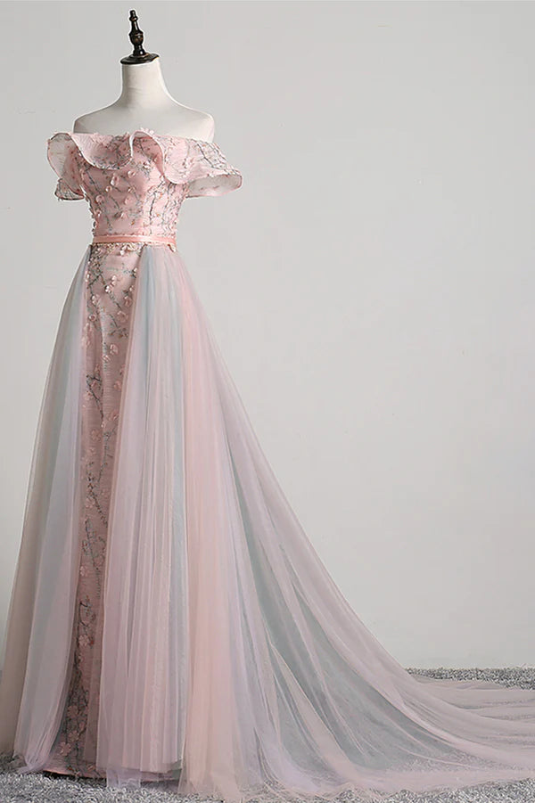 Pink Tulle Long A-Line Prom Dress with Train Off the Shoulder Formal Evening Dress