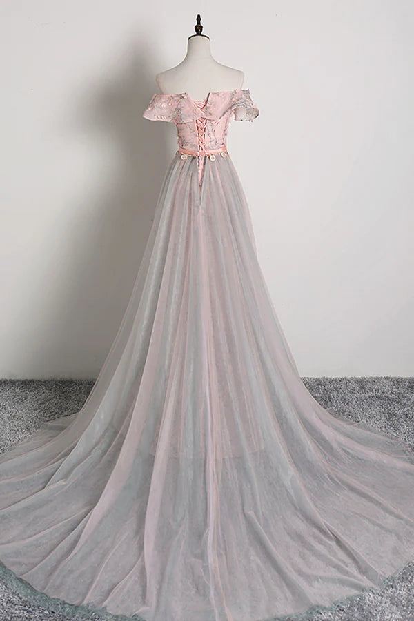 Pink Tulle Long A-Line Prom Dress with Train Off the Shoulder Formal Evening Dress