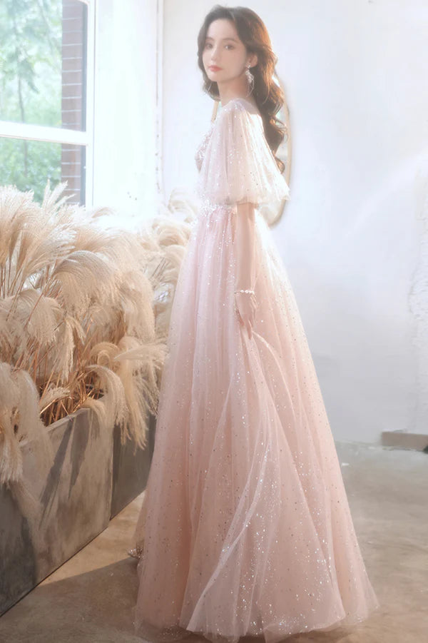 Pink V-Neck Tulle Long Prom Dress A-Line Evening Graduation Dress