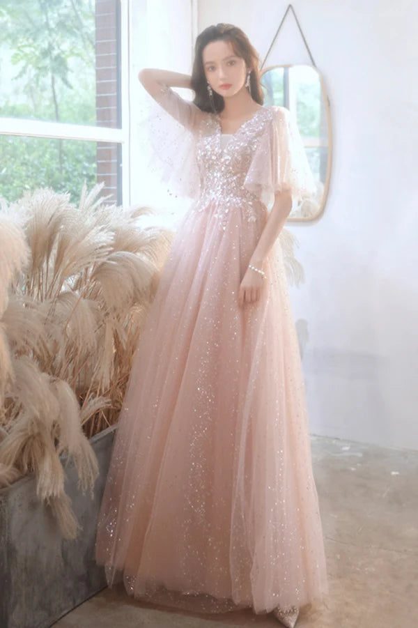 Pink V-Neck Tulle Long Prom Dress A-Line Evening Graduation Dress