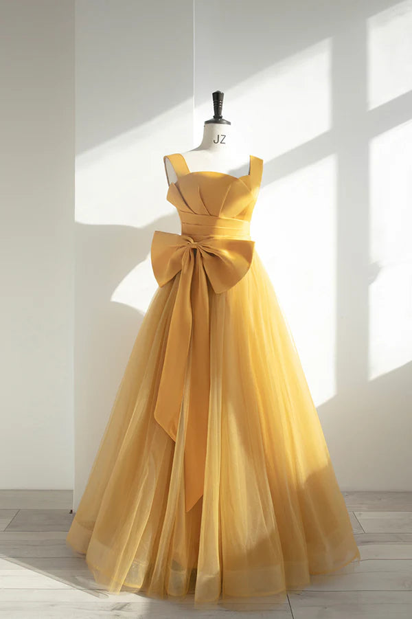 Yellow Tulle Long A-Line Prom Dress Cute Evening Dress with Bow