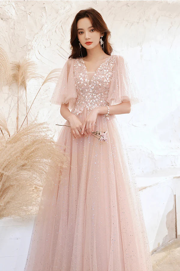 Pink V-Neck Tulle Long Prom Dress A-Line Evening Graduation Dress