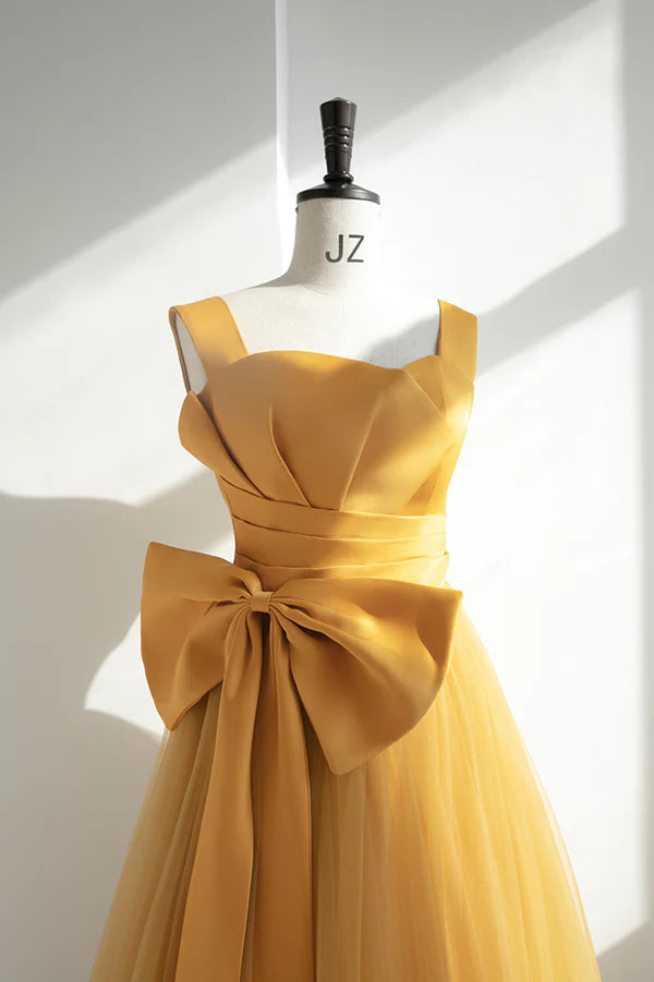 Yellow Tulle Long A-Line Prom Dress Cute Evening Dress with Bow