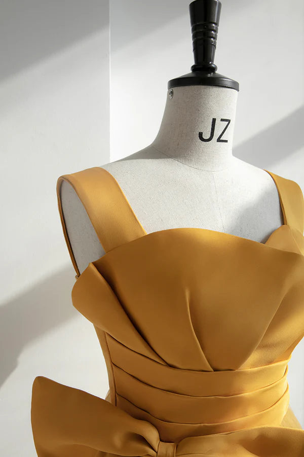 Yellow Tulle Long A-Line Prom Dress Cute Evening Dress with Bow