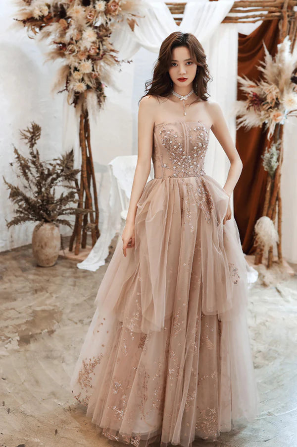 Cute Strapless Tulle Sequins Long Prom Dress A-Line Graduation Dress