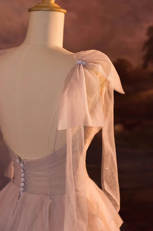 A-Line Tulle Layers Long Formal Dress Spaghetti Straps Party Dress with Bow