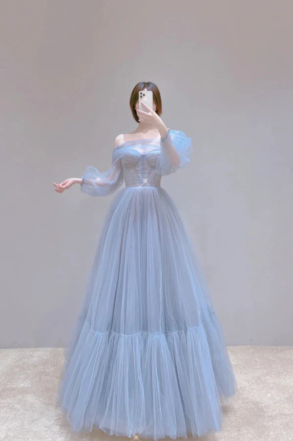 Blue Tulle Long A-Line Prom Dress Blue Off the Shoulder Evening Party Dress