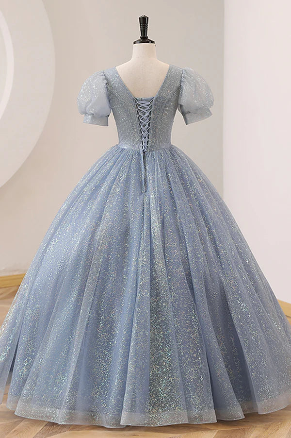 Blue Tulle Long A-Line Prom Dress V-Neck Short Sleeve Evening Dress