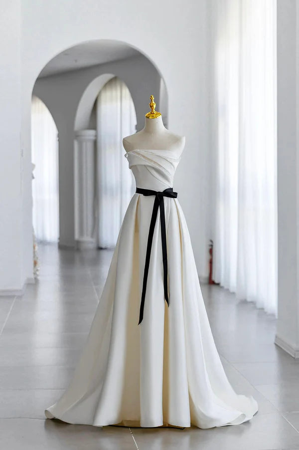 Champagne Satin Long A-Line Prom Dress Strapless Formal Evening Dress